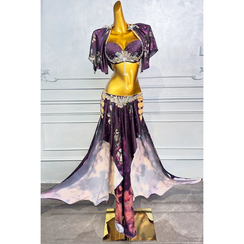 AB Stones Bra + Senior Satin Long Skirt – 2-Piece Professional Belly Dance Costume