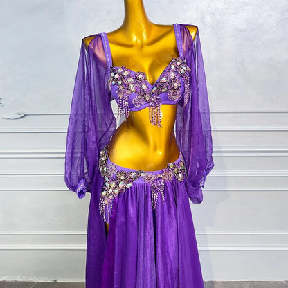 Elegant 2-Piece Bellydance Costume – Rhinestone Bra & Flowing Skirt