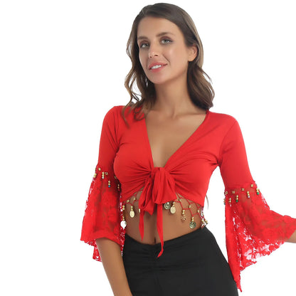 Flare Sleeve Tassel Crop Top