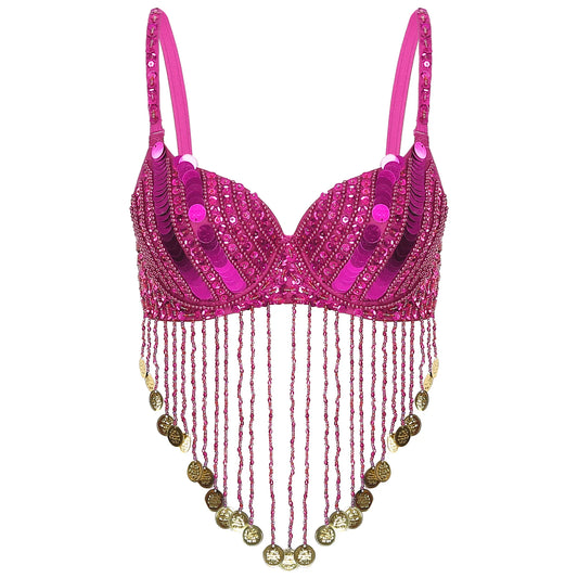 Belly Dance Bra with Beaded Tassels & Sequins