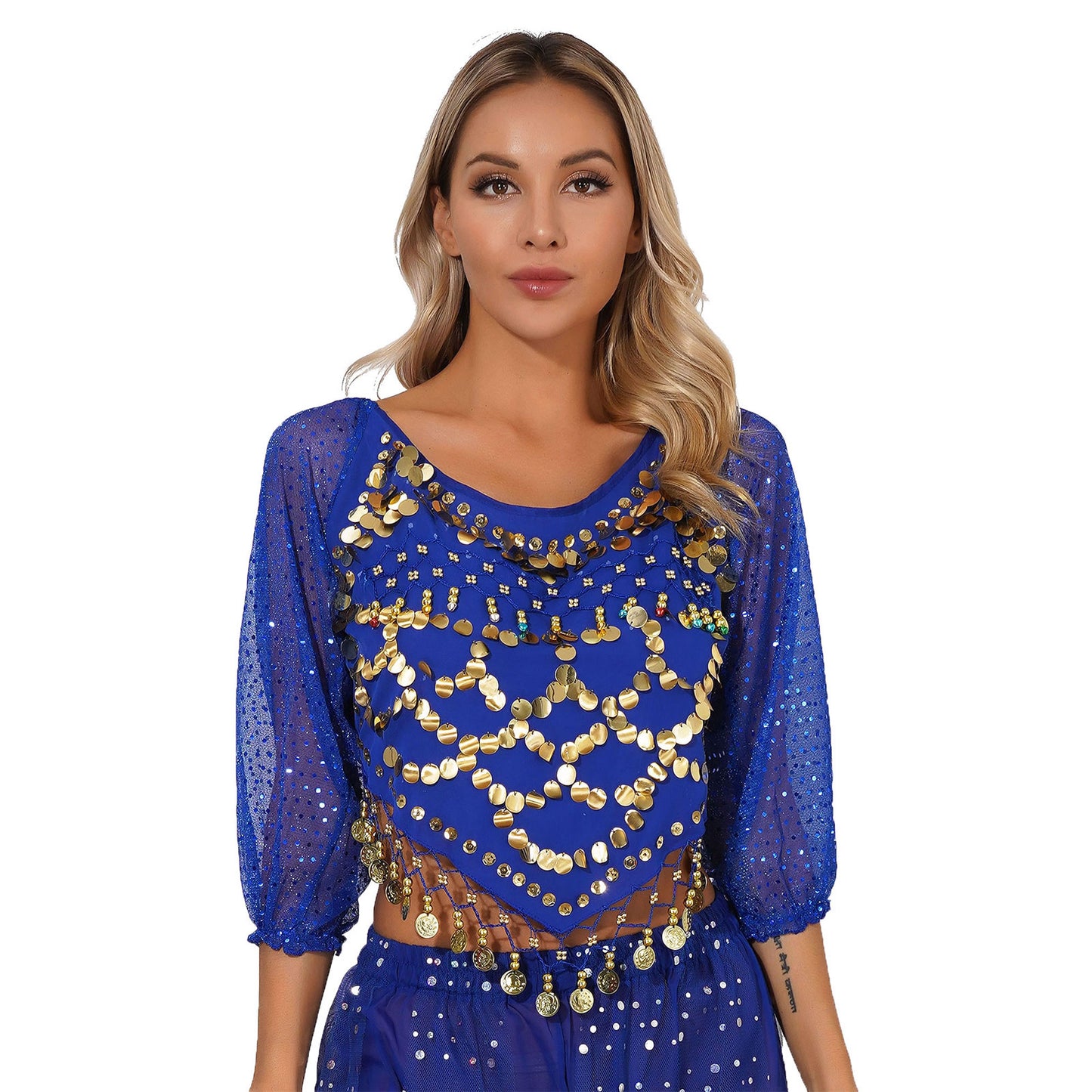 Sequined Long Sleeve Belly Dance Chiffon Crop Top – Self-Tie Back