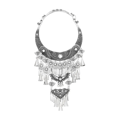 Ethnic Miao Silver Plated Horn Tassel Moon Pendant Necklace