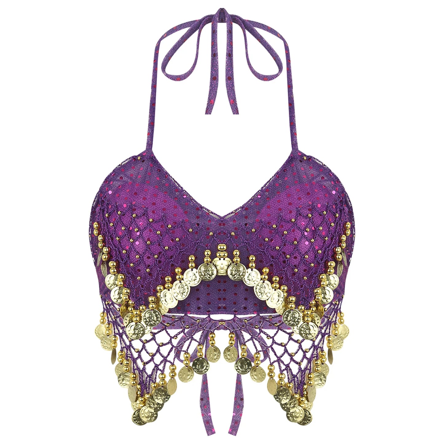 Belly Dance Coin Bra Top – Adjustable Lace-Up Design with Beads