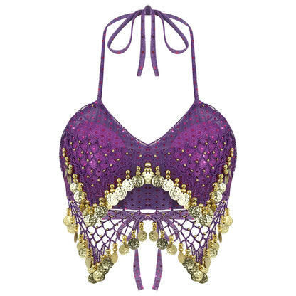 Belly Dance Coin Bra Top – Adjustable Lace-Up Design with Beads