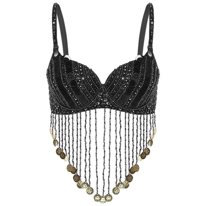 Belly Dance Bra with Beaded Tassels & Sequins