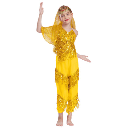 3-Piece Girls' Sequin Belly Dance Costume – Halter Top, Pants & Headscarf