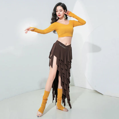 3-Piece Belly Dance Class Wear Set (Top, Fringed Skirt & Socks)