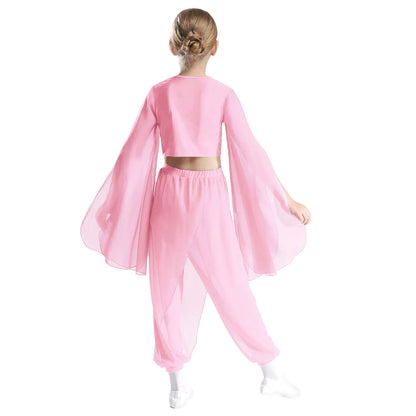 Kids' Dance Outfit - Split-Sleeve Crop Top & Chiffon Pants