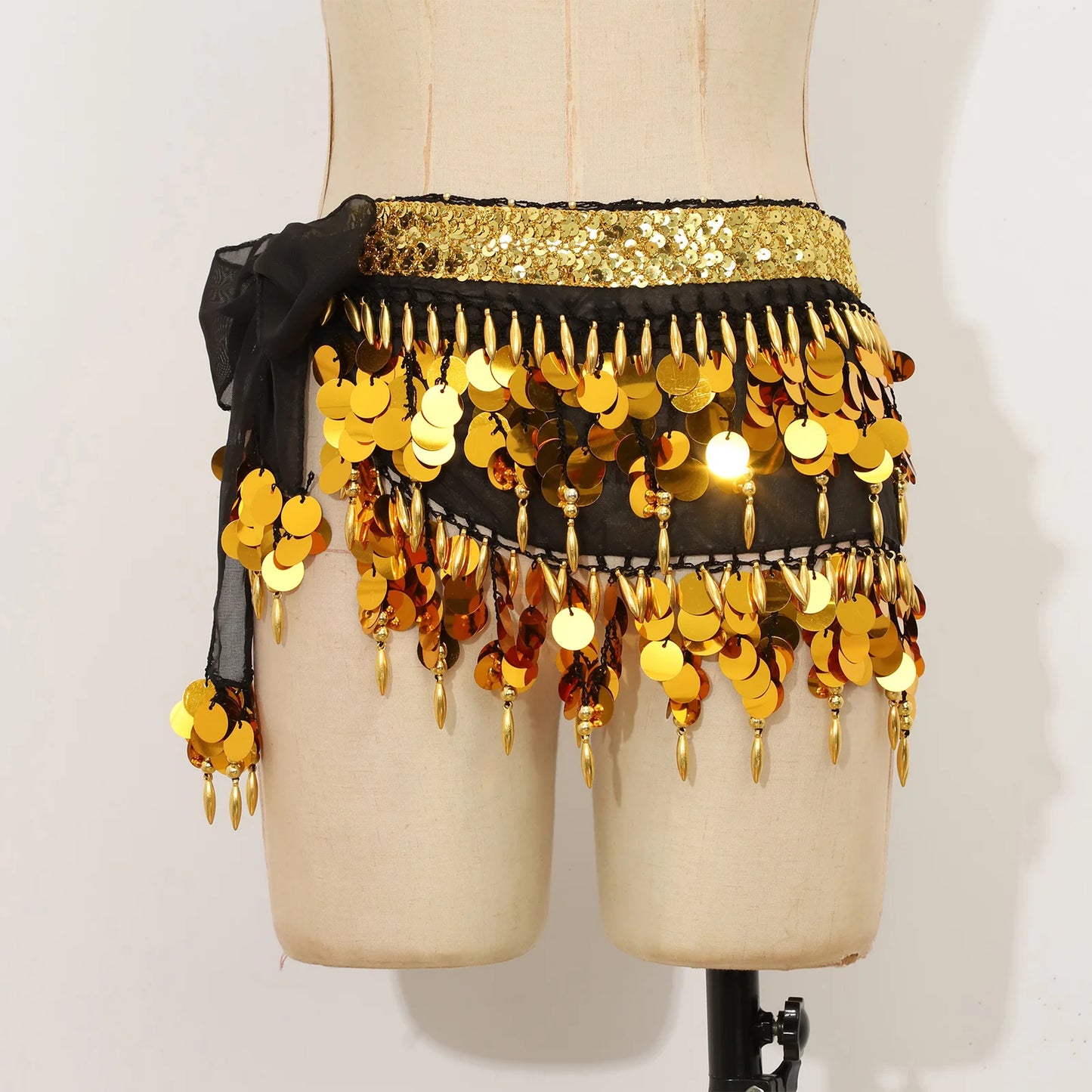 Women's Belly Dance Hip Scarf with Sequins, Beads & Lace-Up Waist Skirt