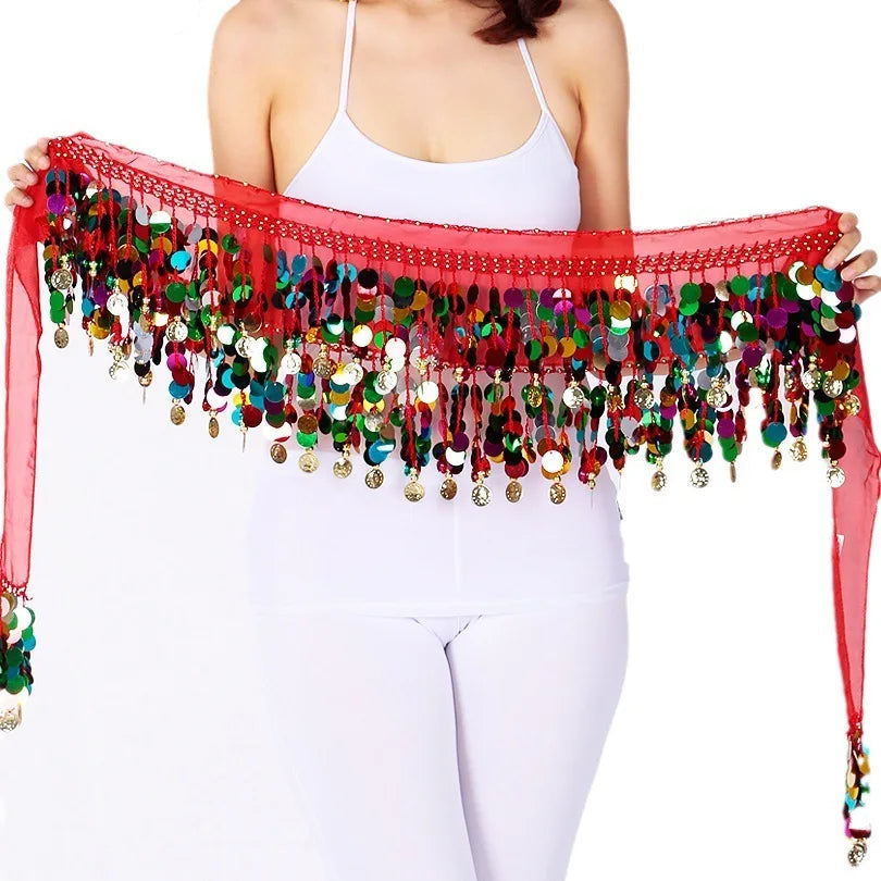 Colorful Double-Layer Sequin Tassel Belly Dance Hip Scarf