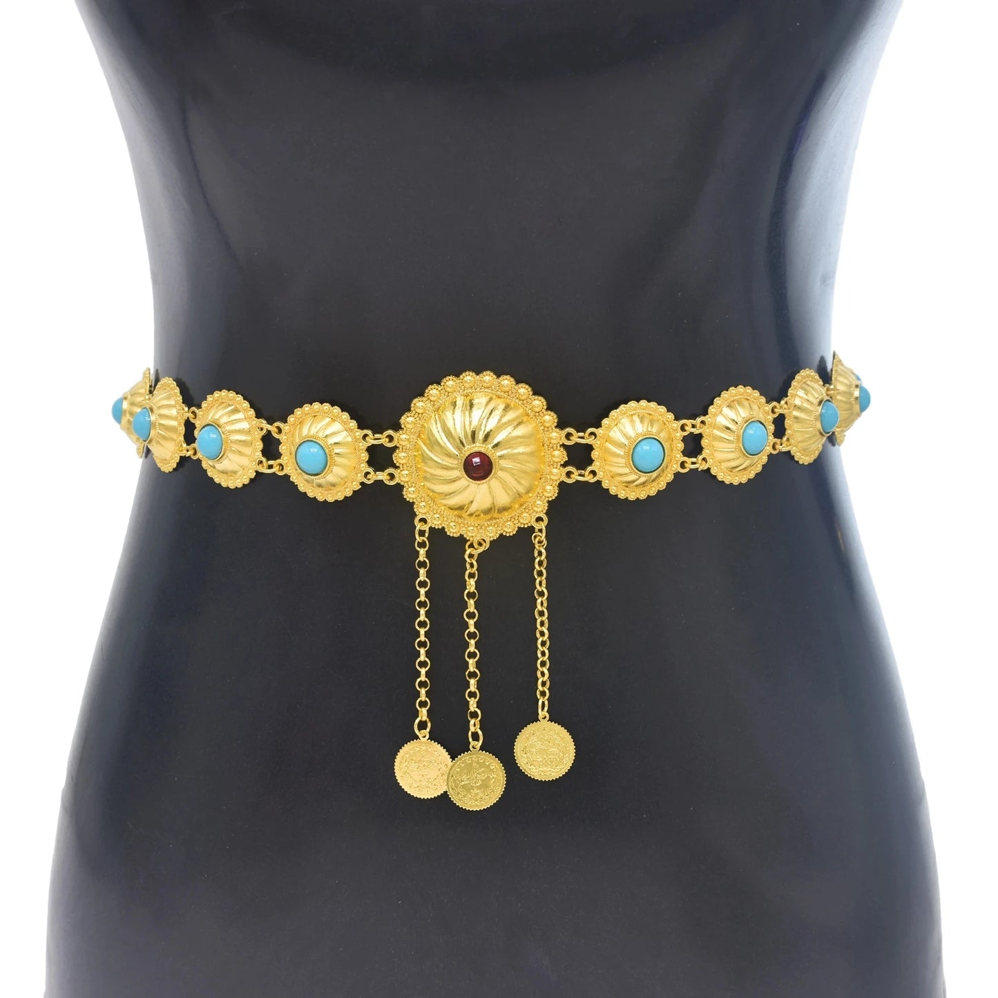 Arab Golden Coins Waist Belly Chain, Necklace, & Earrings Jewelry Set with Blue Rhinestones