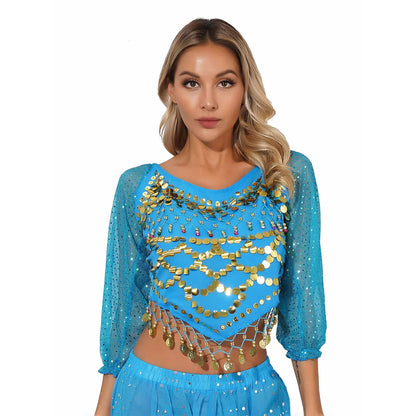 Sequined Long Sleeve Belly Dance Chiffon Crop Top – Self-Tie Back