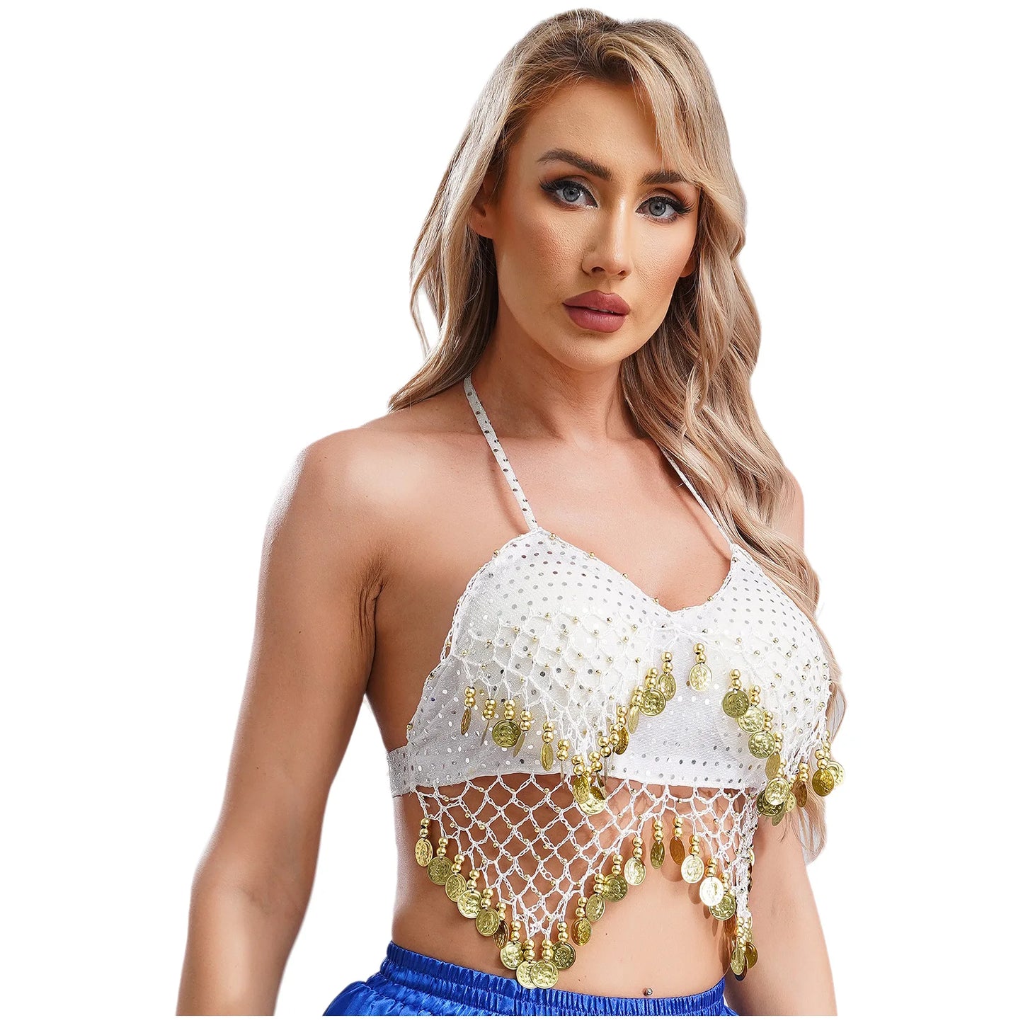 Belly Dance Coin Bra Top – Adjustable Lace-Up Design with Beads