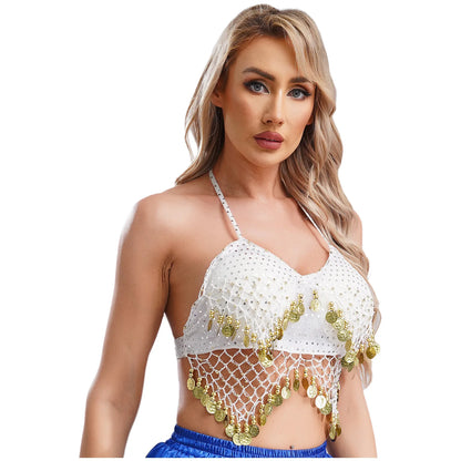 Belly Dance Coin Bra Top – Adjustable Lace-Up Design with Beads