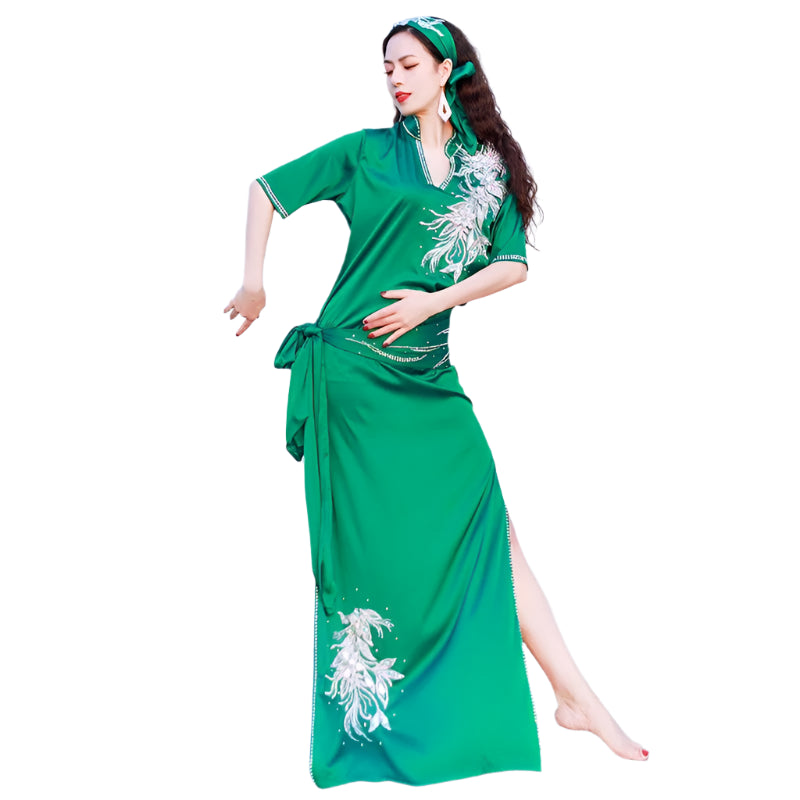 Emerald Green Satin Baladi/ Saidi Dress – Radiate Elegance and Grace! 💃