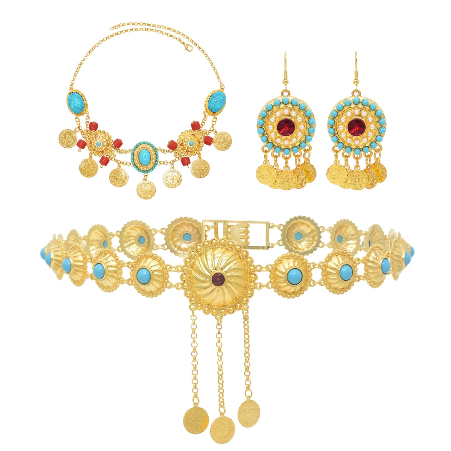 Arab Golden Coins Waist Belly Chain, Necklace, & Earrings Jewelry Set with Blue Rhinestones