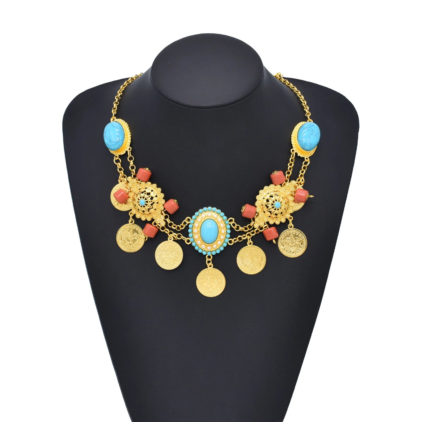 Arab Golden Coins Waist Belly Chain, Necklace, & Earrings Jewelry Set with Blue Rhinestones