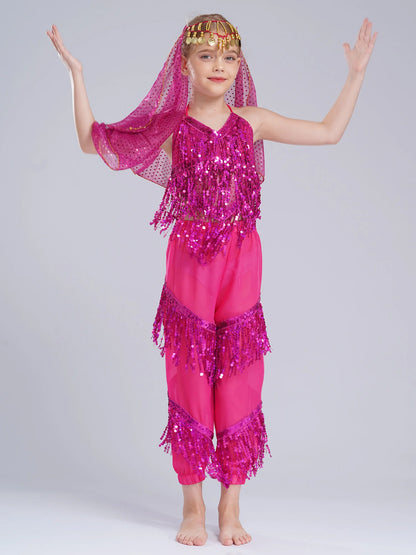 3-Piece Girls' Sequin Belly Dance Costume – Halter Top, Pants & Headscarf