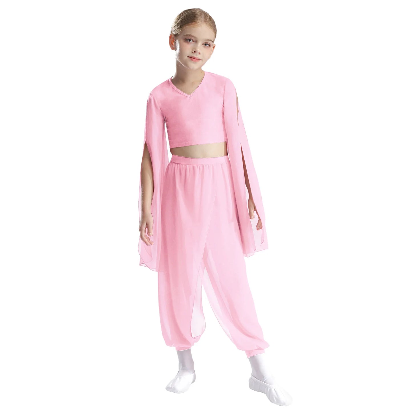 Kids' Dance Outfit - Split-Sleeve Crop Top & Chiffon Pants