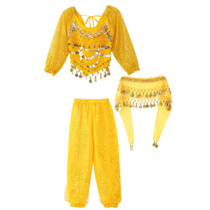 Kids' Belly Dance Outfit - Sequin Crop Top, Pants & Hip Scarf