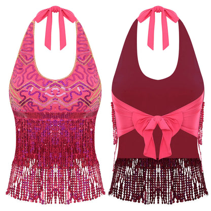 Halter Belly Dance Top with Sequins & Fringe