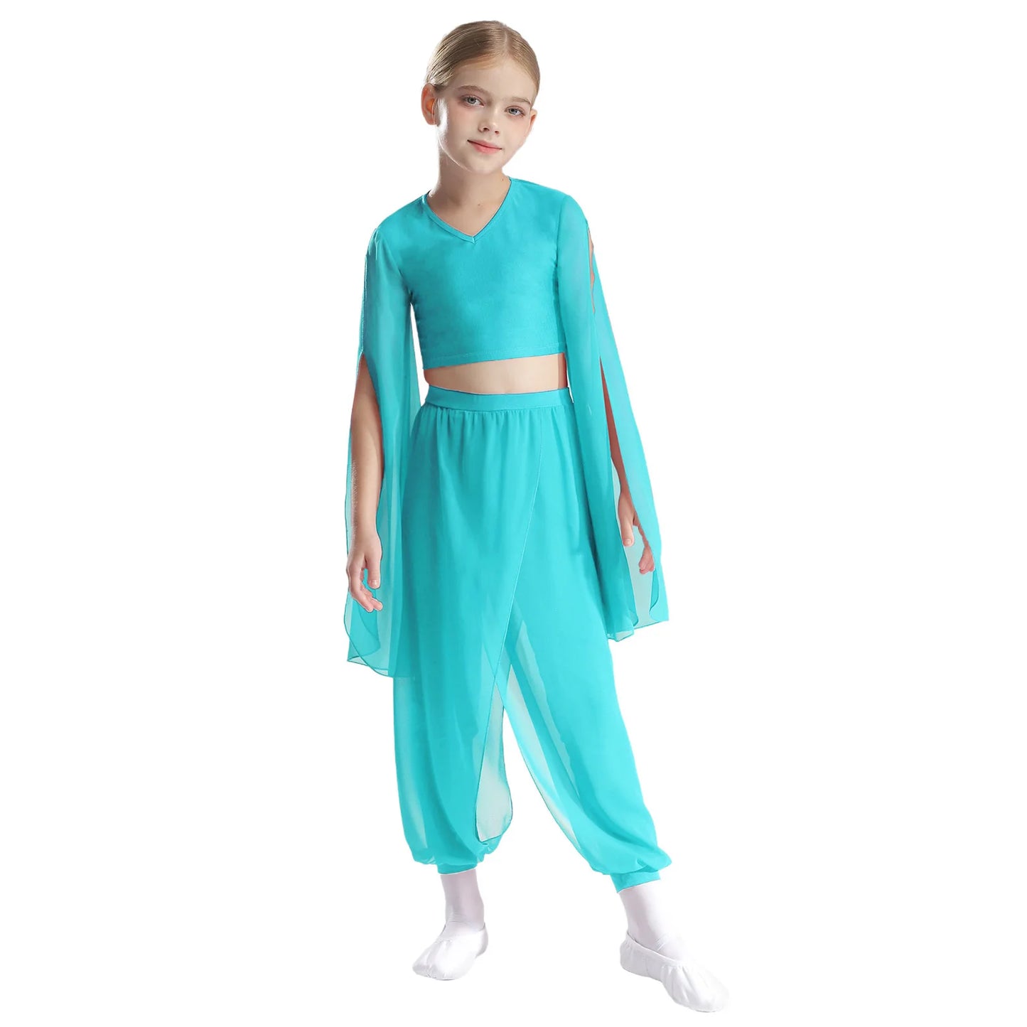 Kids' Dance Outfit - Split-Sleeve Crop Top & Chiffon Pants