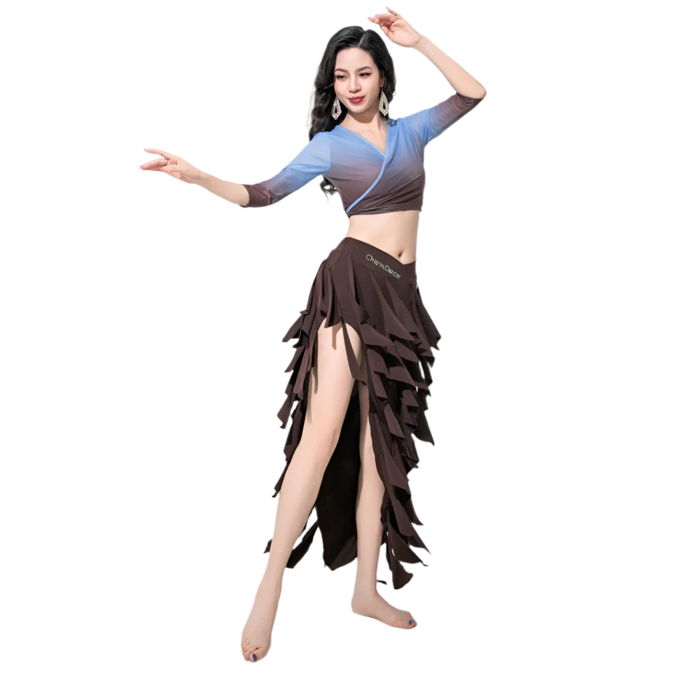 3-Piece Belly Dance Class Wear Set (Top, Fringed Skirt & Socks)