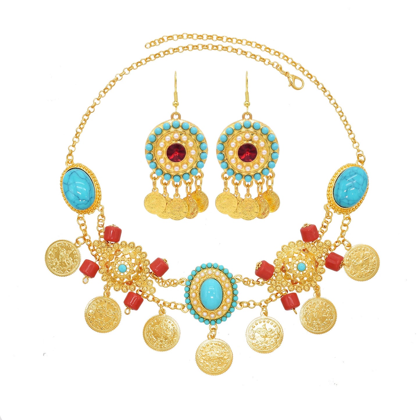 Arab Golden Coins Waist Belly Chain, Necklace, & Earrings Jewelry Set with Blue Rhinestones