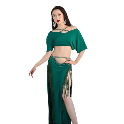 Short Sleeves Top + Long Skirt 2-Piece Belly Dance Performance Set