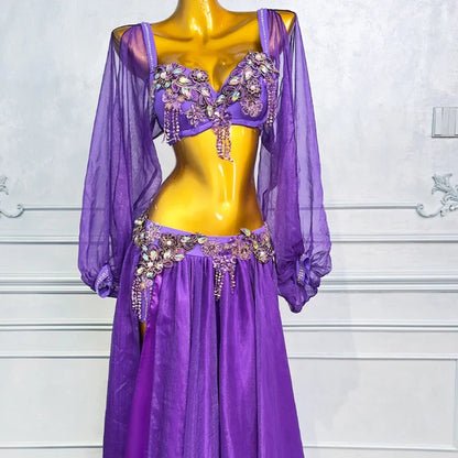 Elegant 2-Piece Bellydance Costume – Rhinestone Bra & Flowing Skirt