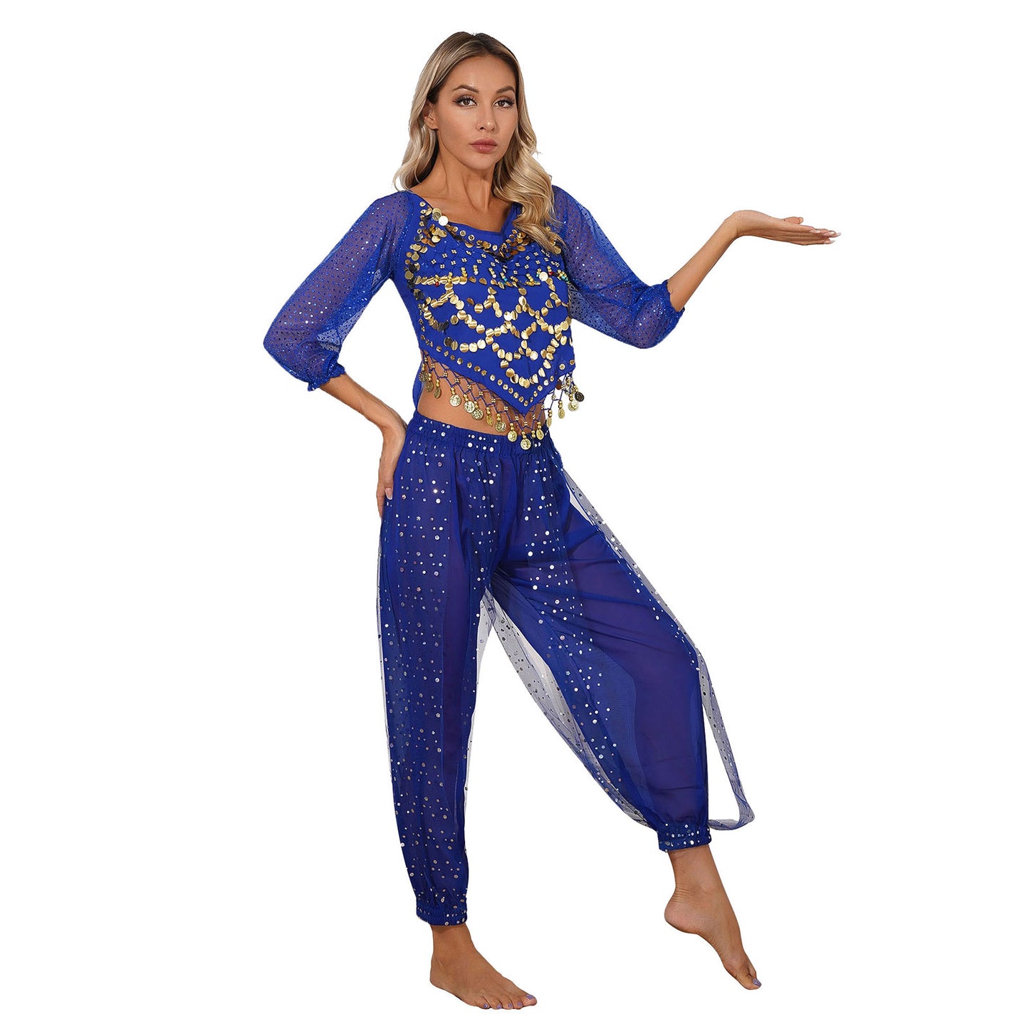 Sequined Long Sleeve Belly Dance Chiffon Crop Top – Self-Tie Back