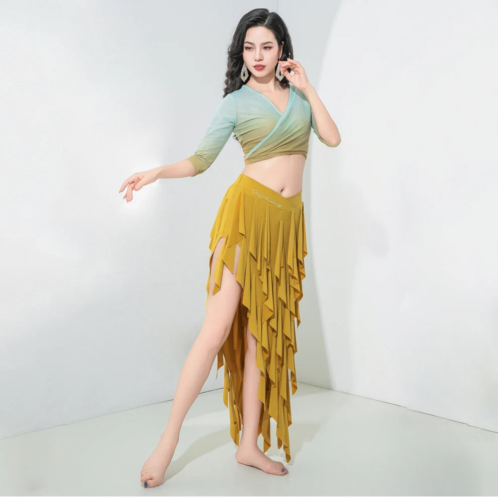 3-Piece Belly Dance Class Wear Set (Top, Fringed Skirt & Socks)