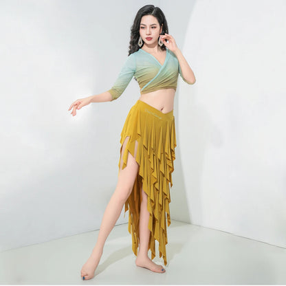 3-Piece Belly Dance Class Wear Set (Top, Fringed Skirt & Socks)