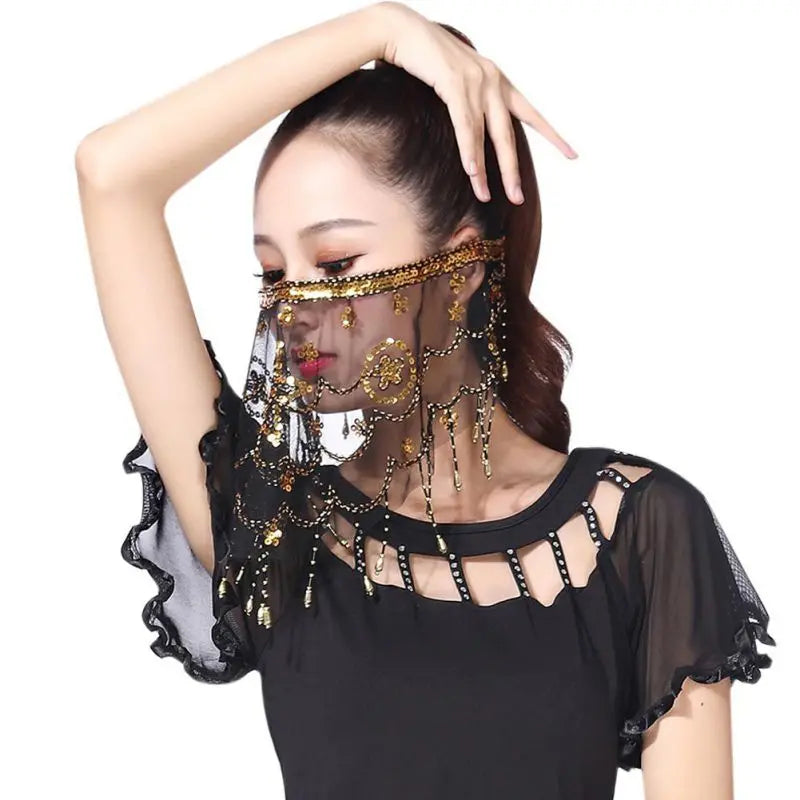 Sequined Belly Dance Face Veil with Beads & Mesh