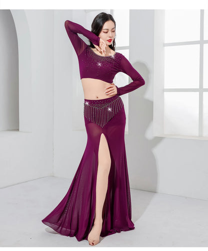 Belly Dance Costume with Rhinestone Fringes - Soft Stretch Outfit for Class or Stage