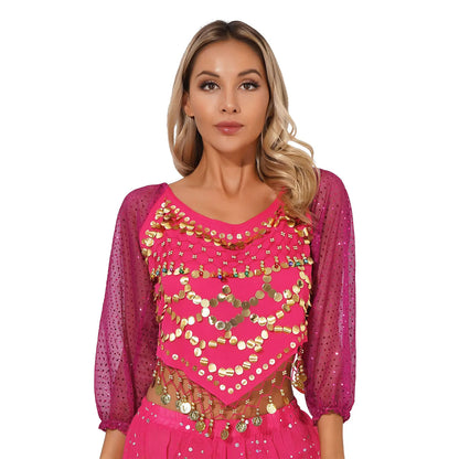 Sequined Long Sleeve Belly Dance Chiffon Crop Top – Self-Tie Back