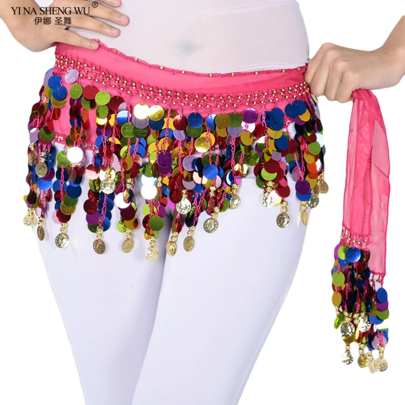 Colorful Double-Layer Sequin Tassel Belly Dance Hip Scarf