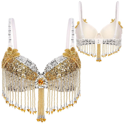 Belly Dance Bra with Beaded Tassels & Sequin Flowers