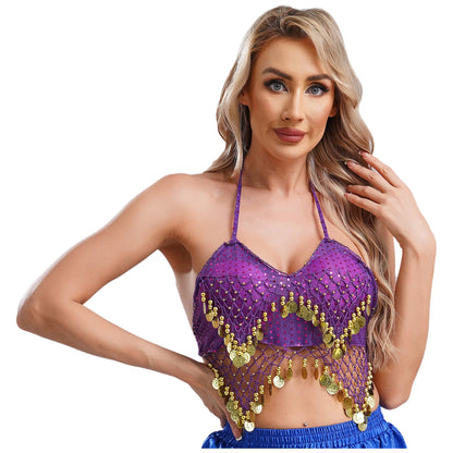 Belly Dance Coin Bra Top – Adjustable Lace-Up Design with Beads