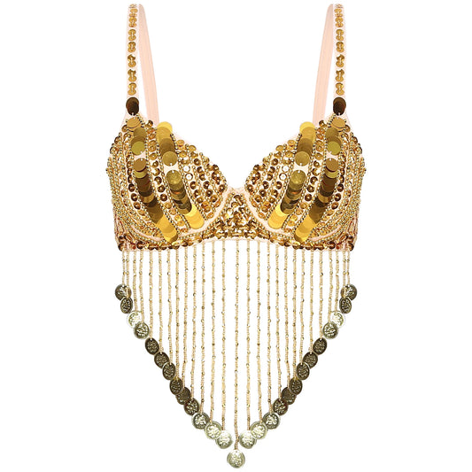 Belly Dance Bra with Beaded Tassels & Sequins