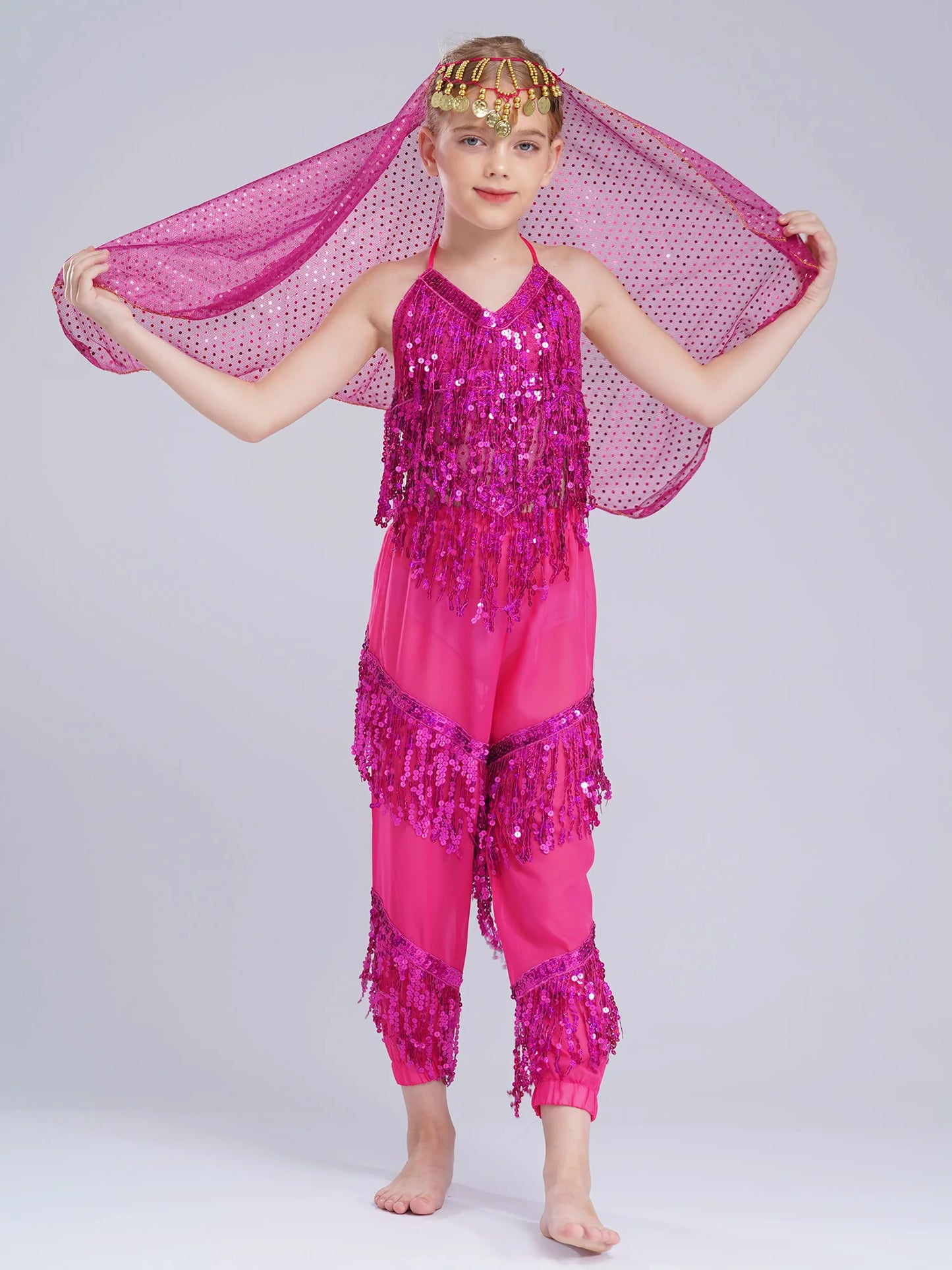 3-Piece Girls' Sequin Belly Dance Costume – Halter Top, Pants & Headscarf