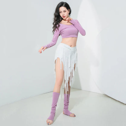 3-Piece Belly Dance Class Wear Set (Top, Fringed Skirt & Socks)