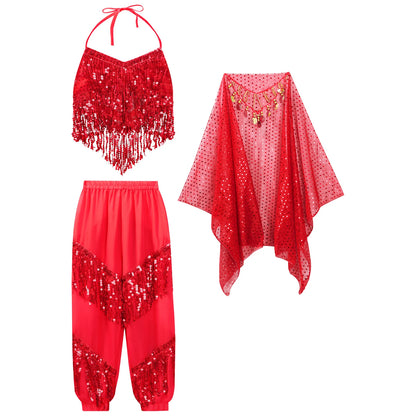 3-Piece Girls' Sequin Belly Dance Costume – Halter Top, Pants & Headscarf