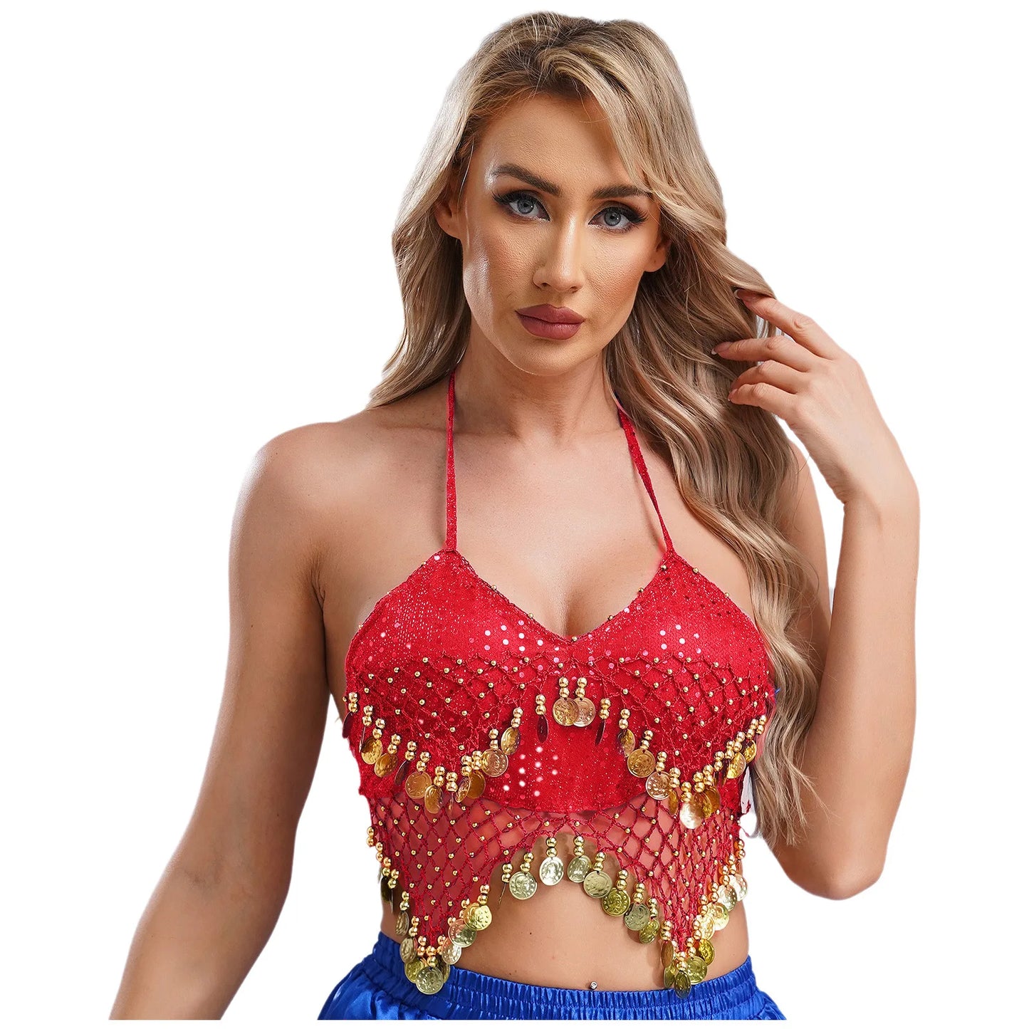 Belly Dance Coin Bra Top – Adjustable Lace-Up Design with Beads