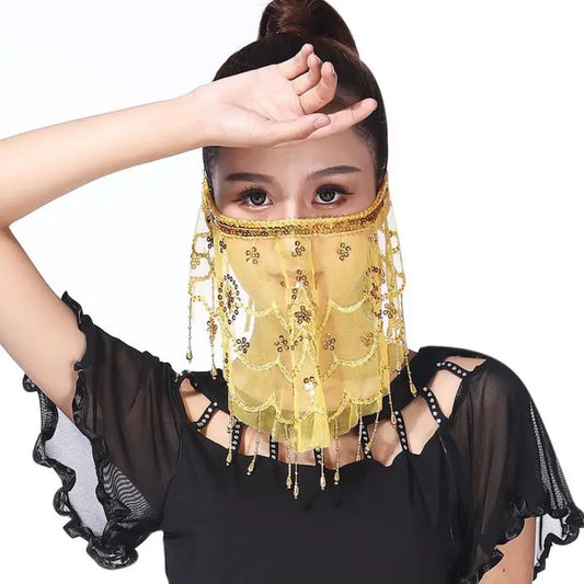 Sequined Belly Dance Face Veil with Beads & Mesh