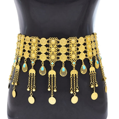 3-Row Coin Long Bell Tassel Moon Pendant Belly Chain