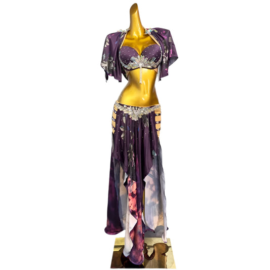 AB Stones Bra + Senior Satin Long Skirt – 2-Piece Professional Belly Dance Costume