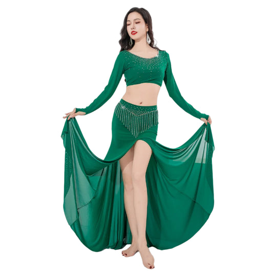 Belly Dance Costume with Rhinestone Fringes - Soft Stretch Outfit for Class or Stage