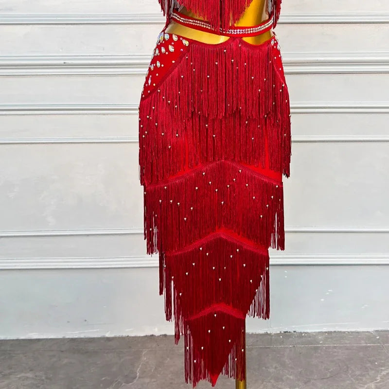 2-Piece Professional Bellydance Costume – Red Fringe Bra & Skirt