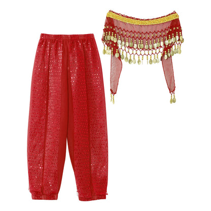 Kids' Belly Dance Costume Set - Sequined Pants & Beaded Hip Scarf